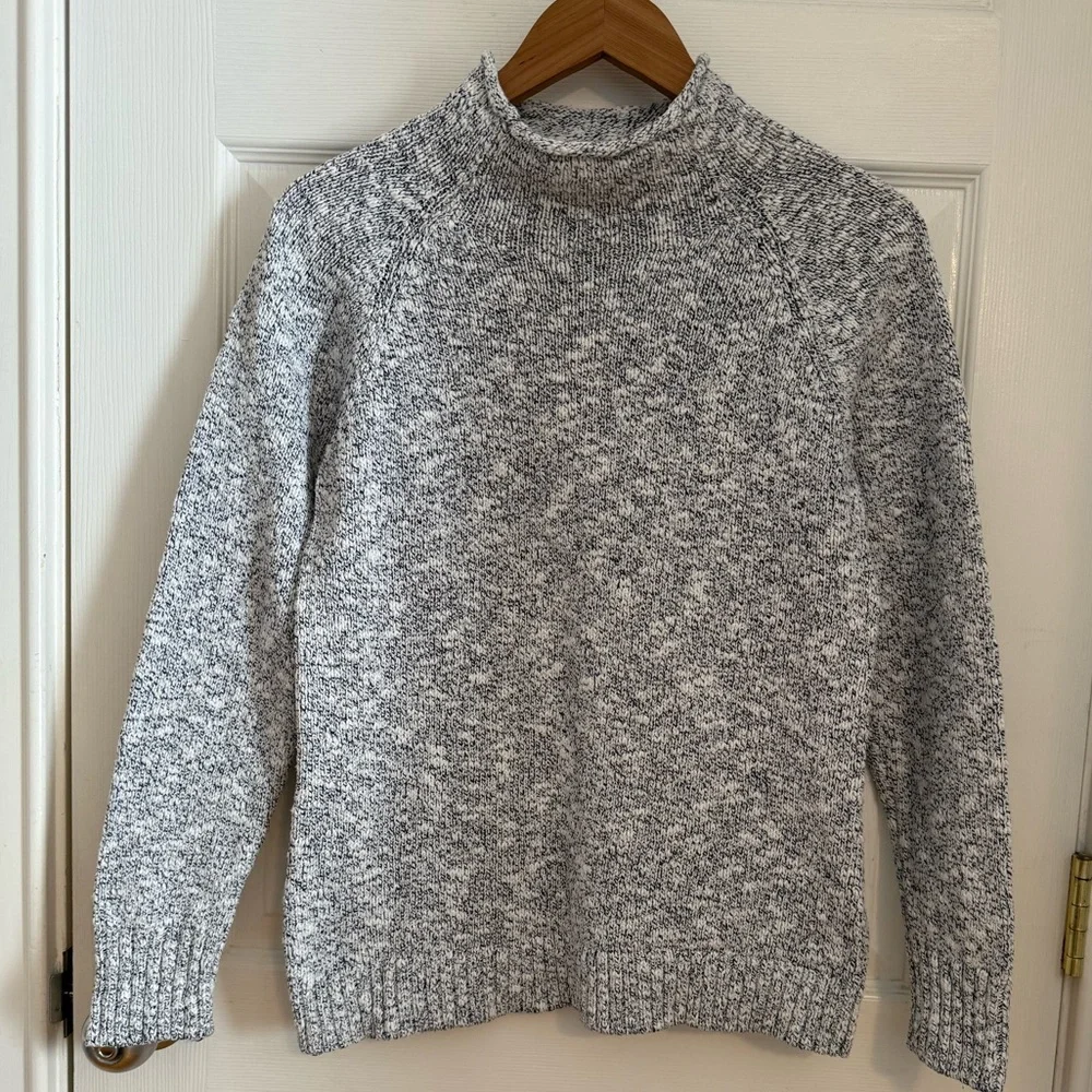 LL Bean Navy/White Marled Cotton Ragg Funnelneck Pullover Sweater‎ Size Small